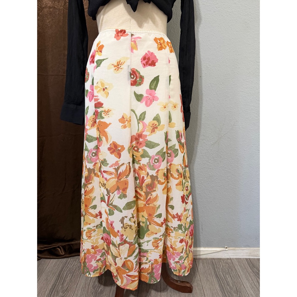 Cottagecore Floral Maxi Skirt Size 18 38W White Orange High Waist Lined A-Line - Picture 10 of 12